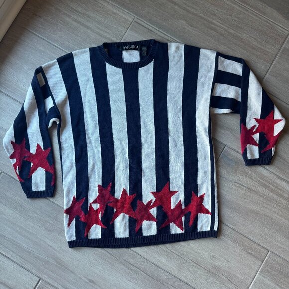 Perry Ellis Blue & White Striped Sweater w/ Red Stars – Women’s Large - Picture 2 of 9